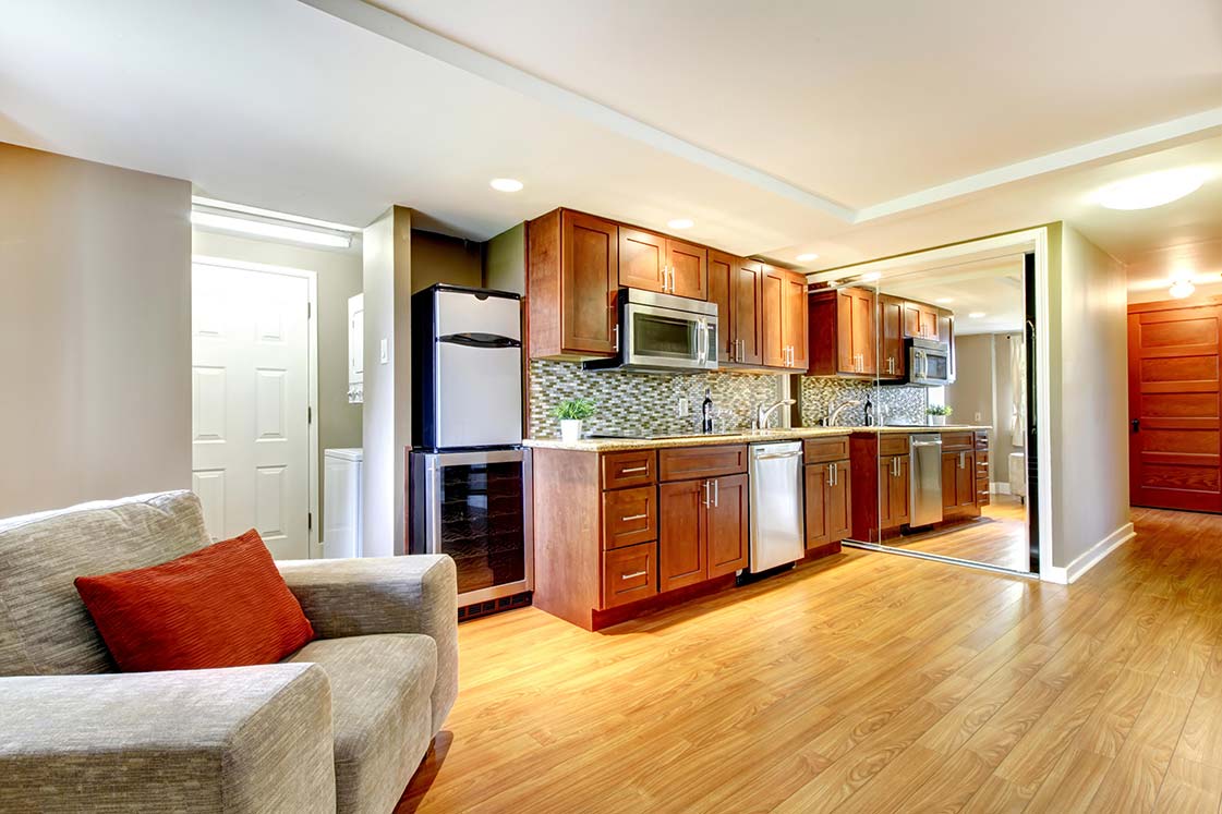 Modern basement kitchen with wooden cabinets, stainless steel appliances, and a gray couch in the foreground, remodeled by MJ Painting & Renovations in Cave Spring