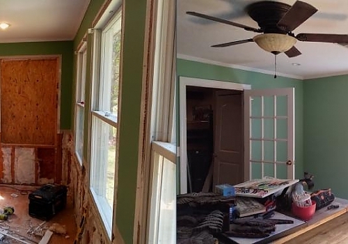 A collage of a room with a fan and a ceiling fan, demonstrating home renovation services in Cave Spring