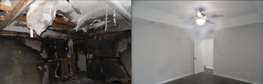 Split image before and after ceiling repair, representing drywall repair by MJ Painting & Renovations in Cave Spring