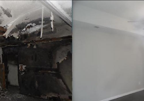 Split image before and after ceiling repair, representing drywall repair by MJ Painting & Renovations in Cave Spring