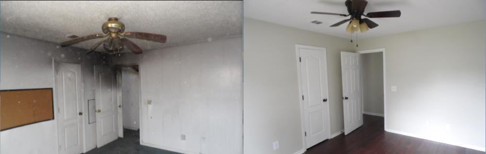 A room with a ceiling fan and a door, showcasing interior painting services in Cave Spring