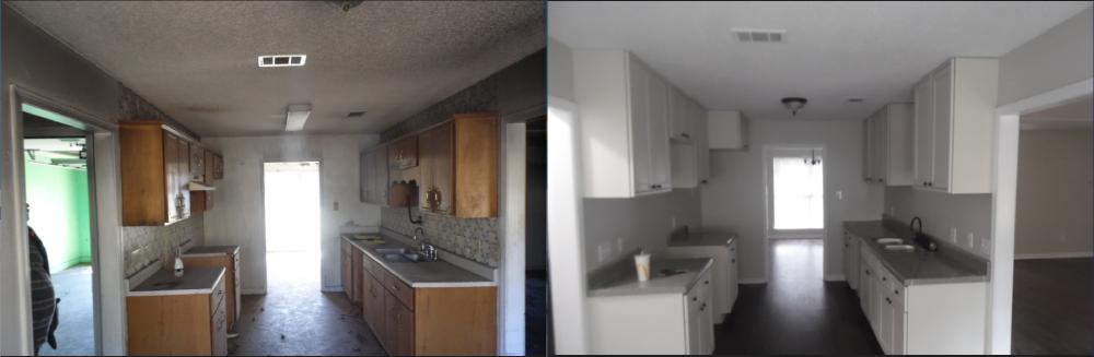 A kitchen before and after renovation, showcasing kitchen remodeling by MJ Painting & Renovations in Cave Spring