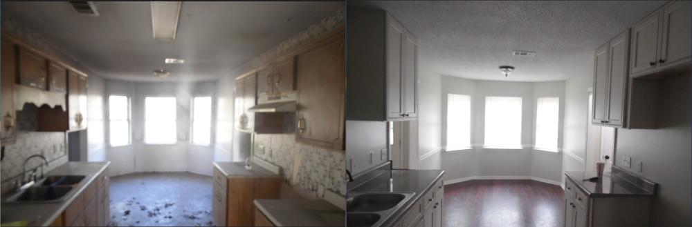 A kitchen before and after renovation, highlighting home improvement services in Cave Spring