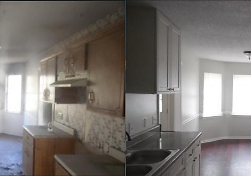 A kitchen before and after renovation, highlighting home improvement services in Cave Spring