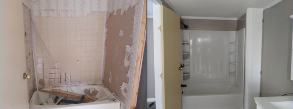 A bathroom with a door and a bathtub, showcasing bath remodeling services in Cave Spring