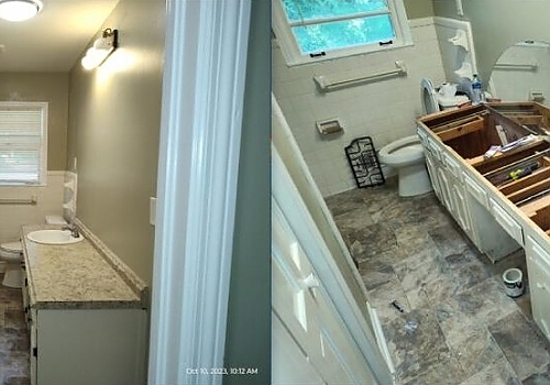 A bathroom with a sink and a toilet, part of bath remodeling services by MJ Painting & Renovations in Cave Spring